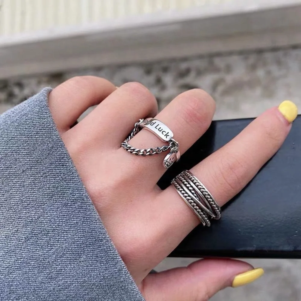Smiley face ring, silver chain ring, lucky ring, stacking silver ring